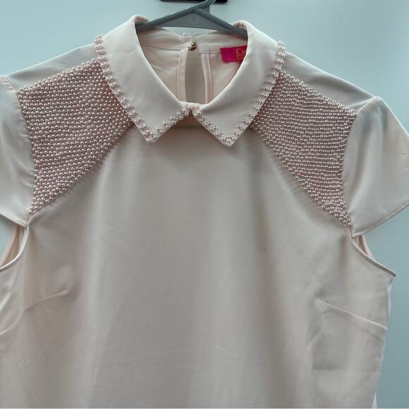 Catherine Malandrino Light‎ Pink Collared Bead Embellishment Short Sleeve Top XS - Picture 2 of 8